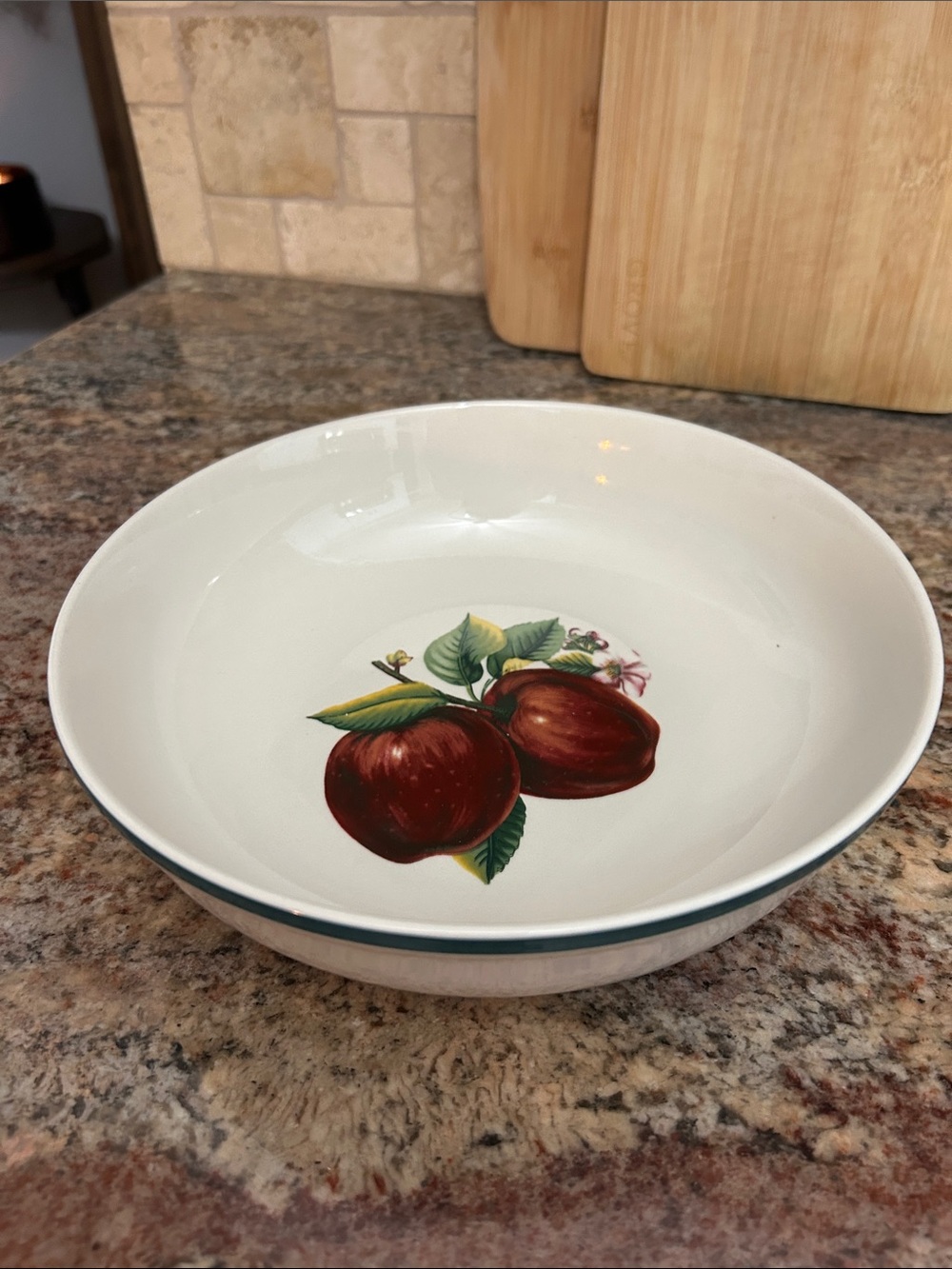 Casuals by China Pearl 9” White Ceramic Pasta Bowl with Red Apple Motif